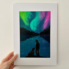 aurora nothern lights walker and dog lino print
