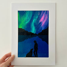 aurora nothern lights walker and dog lino print