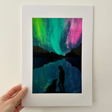 aurora nothern lights walker and dog lino print