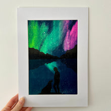 aurora nothern lights walker and dog lino print