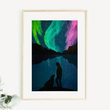 aurora northern lights dog walker lino print