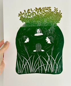 Wild swimming under the oak tree river lino print
