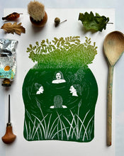 Wild swimming under the oak tree river lino print
