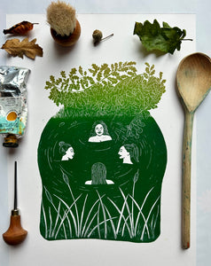 Wild swimming under the oak tree river lino print