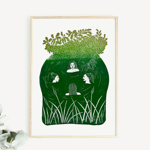 wild swimming under the oak tree lino print