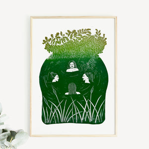 wild swimming under the oak tree lino print