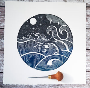 Guided by the Stars Original Lino Print
