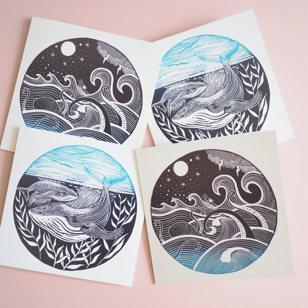 set of 2 nautical lino print cards