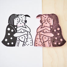 Dalmatian dog hug lino print