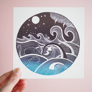 Stormy sea lino print card