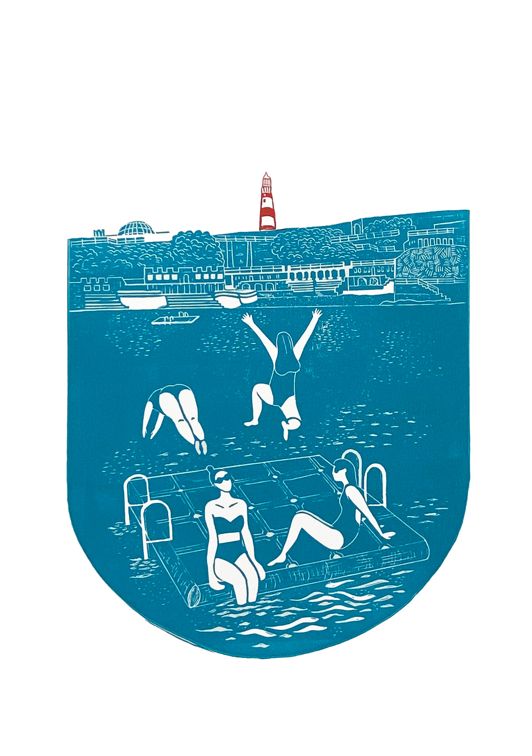 Plymouth Hoe Tinside Swimmers lino print