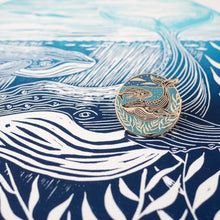 whale enamel pin and lino print