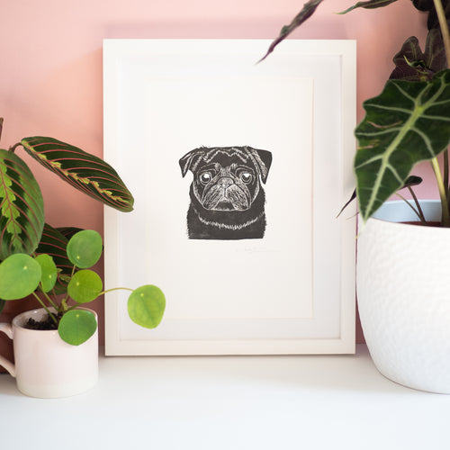 cute black pug lino print