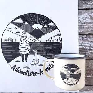 lino print laser etched enamel mug adventure awaits dog lover
