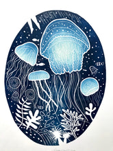 Jellyfish party Original Lino Print